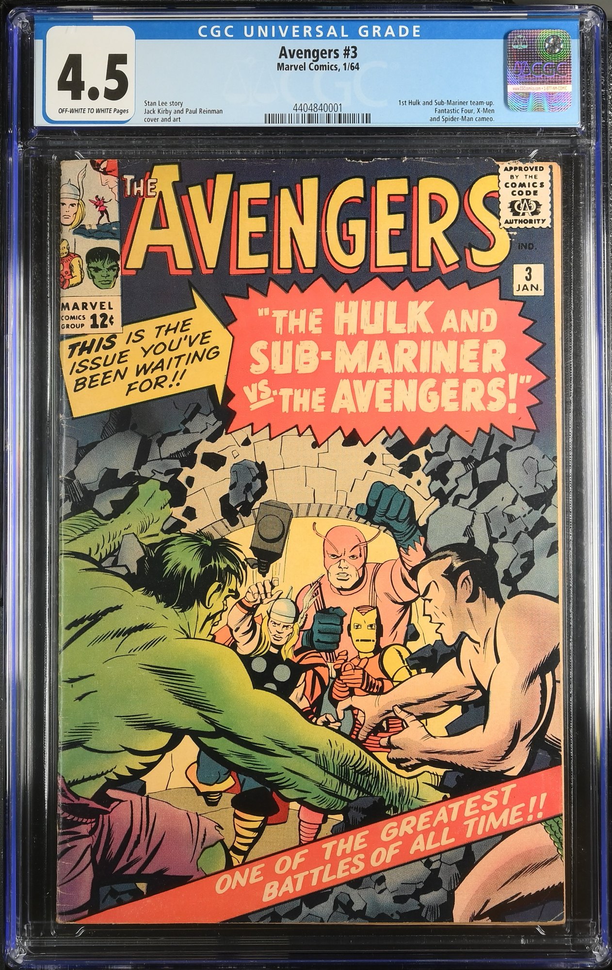Image: Avengers #3 CGC VG+ 4.5 1st Hulk and Sub-Mariner Team-Up! Jack Kirby!