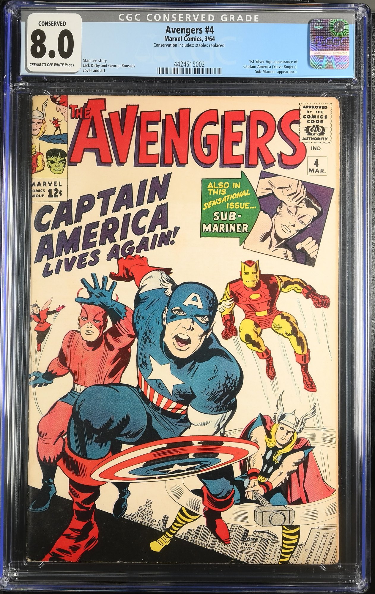 Image: Avengers #4 CGC VF 8.0 Conserved 1st Silver Age Captain America!