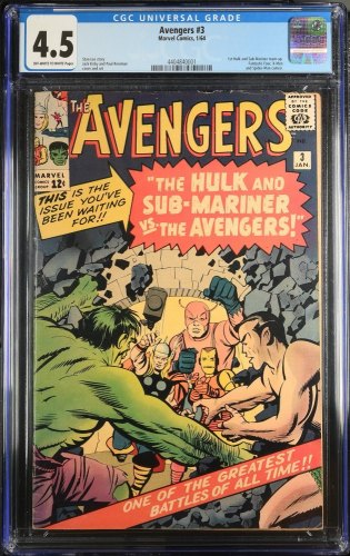 Avengers #3 CGC VG+ 4.5 1st Hulk and Sub-Mariner Team-Up! Jack Kirby!