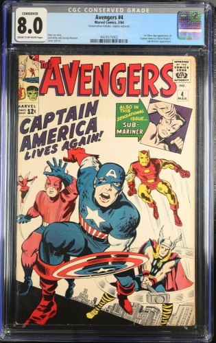 Avengers #4 CGC VF 8.0 Conserved 1st Silver Age Captain America!