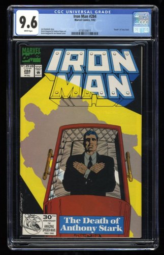 Cover Scan: Iron Man #284 CGC NM+ 9.6 White Pages &quot;Death&quot; of Tony Stark! - Item ID #318994