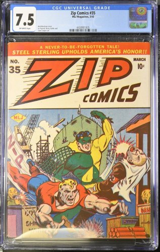 Cover Scan: Zip Comics #35 CGC VF- 7.5 Off White Bob Montana Nazi WWII War Cover! - Item ID #384056