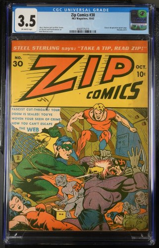 Cover Scan: Zip Comics #30 CGC VG- 3.5 Off White WWII Nazi War Cover! - Item ID #386051