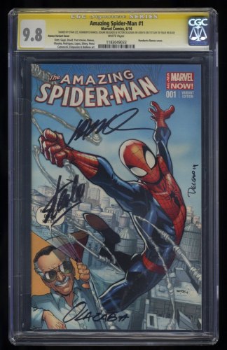 Cover Scan: Amazing Spider-Man (2014) #1 CGC NM/M 9.8 SS 4X Stan Lee Ramos Variant - Item ID #404951